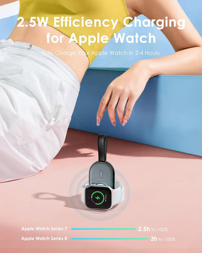 Chargeur sans Fil Portable pour Apple Watch Series 8/UItra/7/6/5/4/3/2/SE/Nike,1200mAh iWatch Keychain Charger Power Bank avec câble intégré (Noir)
