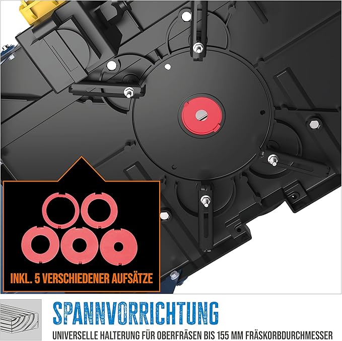 Table de fraisage supérieure Güde (en aluminium moulé sous pression avec rainures de guidage pour butée parallèle, butée d'angle, LxL : 45,4-86x33,4 cm, largeur de travail max. 20 cm, pour fraiseuses avec panier de fraisage ø jusqu'à 15,5 cm)