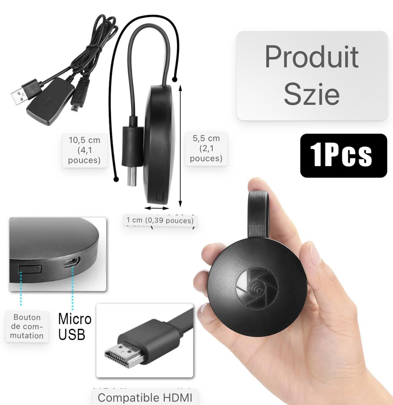 Miracast HDMI Dongle WiFi sans fil Affichage Dongle Adaptateur HDMI Écran Wifi sans fil pour ordinateur portable Android/iOS/Windows/Mac, Support Miracast, DLNA, Airplay