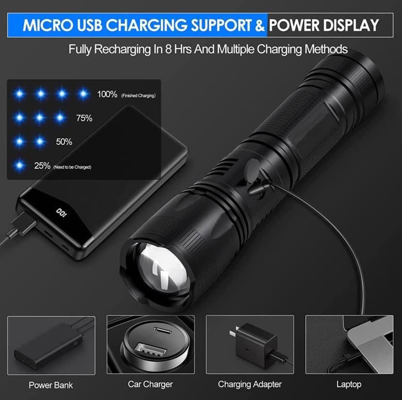 Lampe Torche Led Ultra Puissante, 10000 Lumens Zoomable étanche à l’eau neuve piles/rechargeable