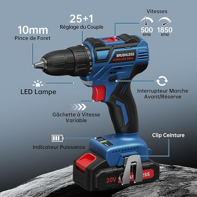 Perceuse Visseuse Sans Fil, 20V brushless avec 2 Batteries + chargeur 25 Accessoires neuves