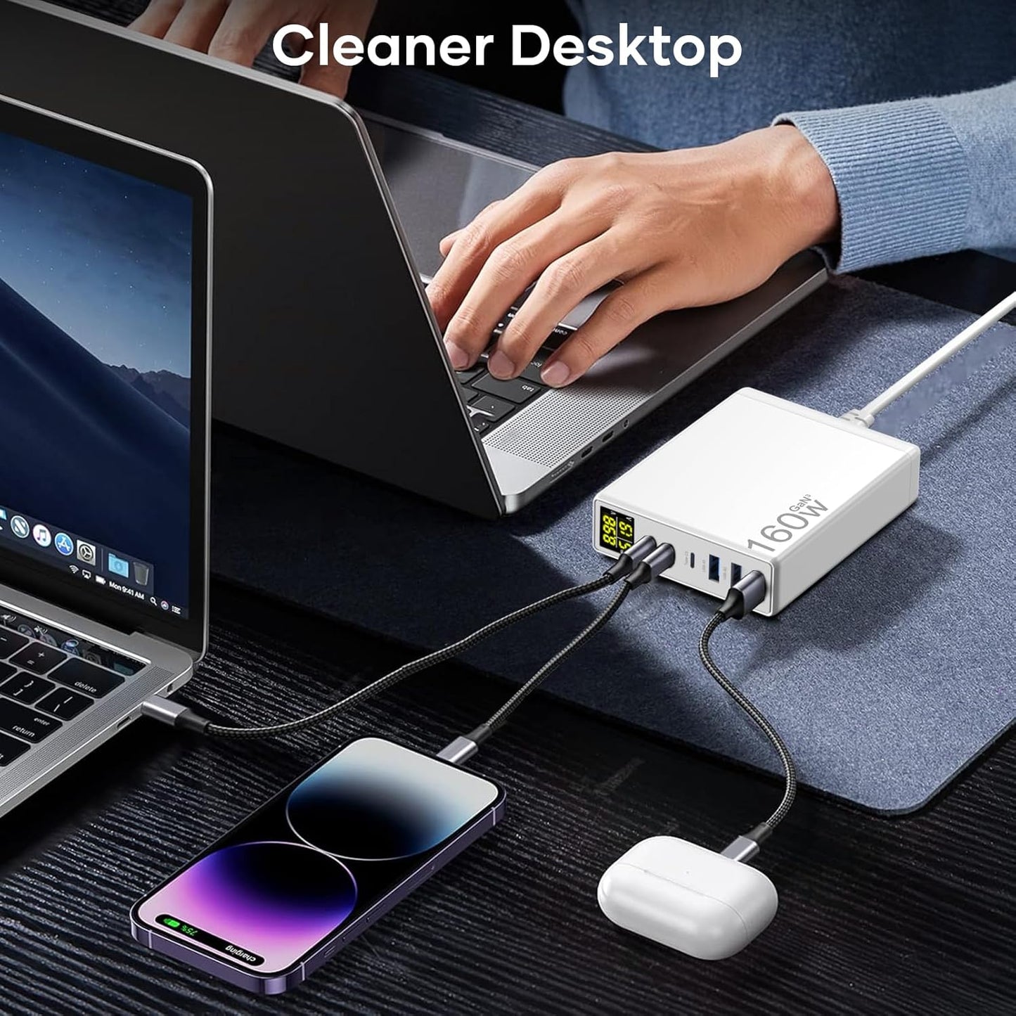 Chargeur Rapide USB C, 160W GaN 6-Port avec LED Display, Chargeur Secteur Multiple avec 3 USB-C et 3 USB-A PPS PD 3.0 für Macbook Pro/Air Laptop iPhone iPad Samsung