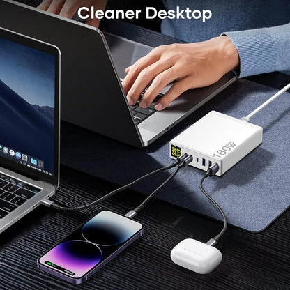 Chargeur Rapide USB C, 160W GaN 6-Port avec LED Display, Chargeur Secteur Multiple avec 3 USB-C et 3 USB-A PPS PD 3.0 für Macbook Pro/Air Laptop iPhone iPad Samsung