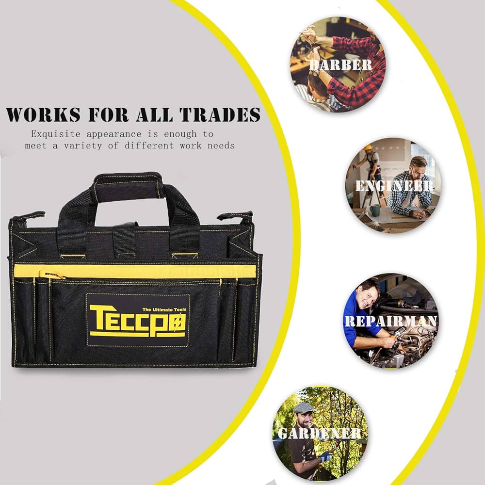 Sac a Outils, TECCPO Professional Sac Porte-outils 30 cm, Stockage Fort avec Base en Caoutchouc Resistant a lUsure, Bandouliere Reglable, Pognées en Caoutchouc, 16 Poches -