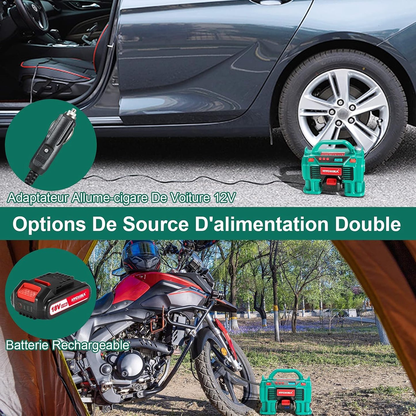 Compresseur d'air Portatif 18V HYCHIKA, Alimenté par 2A Batterie/Allume Cigare 2x2ah + chargeur neuf