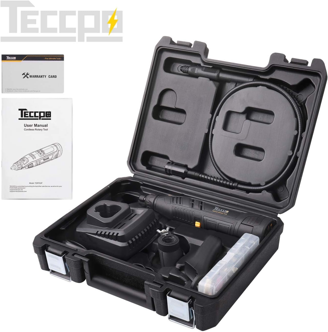 Outil rotatif sans fil, TECCPO 12 V avec mandrin sans clé à changement rapide, arbre flexible, 5 000 à 28 000 tr/min, 6 vitesses réglables, poignée auxiliaire, 80 accessoires.