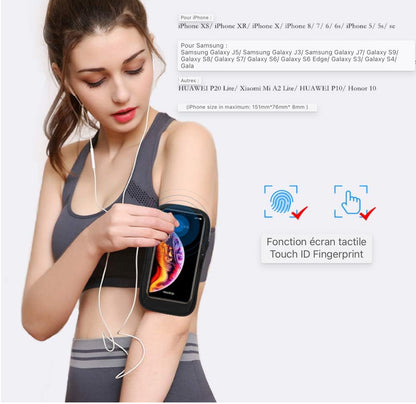 Ensemble de bracelet de sac de hanche de sport, ensemble de sac de course de sport et de bracelet pour smartphones ceinture de course de jogging, sac banane femme homme, avec porte-clé, trou pour casque et bande d'extension - Noir