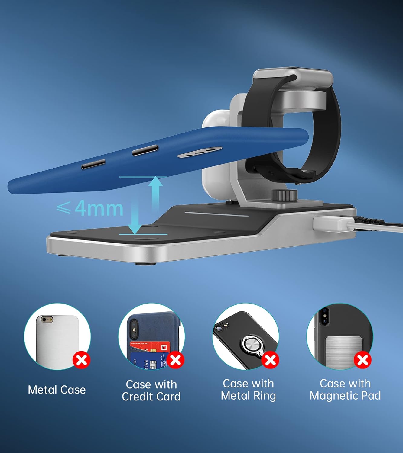 Chargeur sans Fil Rapide 4 en 1 pour Série iPhone 15/14/13/12/11/XR/XS/X, Samsung Galaxy S22/S21/S10/S9/S8/Note 20/10/9/8, Xiaomi,Station de Chargeur Apple Watch Ultra 8/7/6/SE 2/Airpods Pro 2 3/1