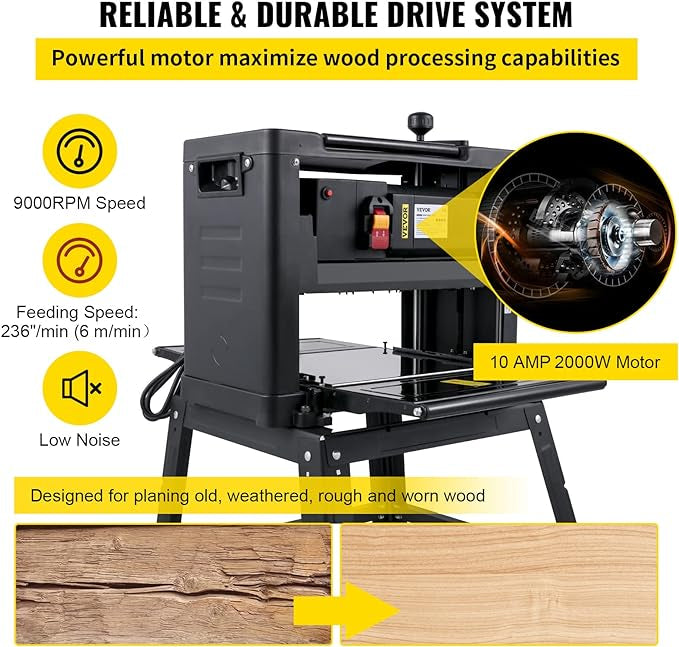 VEVOR Raboteuse à Bois 2000 W Rabot Électrique Largeur de Coupe Max 318 mm Raboteuse d'Épaisseur Professionnelle 2 Lames 9000 tr/min Épaisseur de Coupe de 5-150 mm Profondeur 3 mm