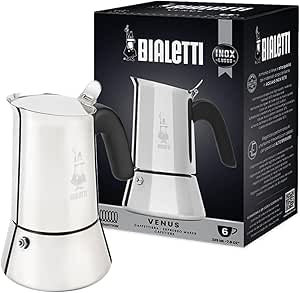 Bialetti - Nouvelle cafetière expresso Venus Induction, Plaque de cuisson en acier inoxydable, Adaptée à toutes les sources de chaleur, 6 Tasses, Aluminium, 235ml,Argent [Classe énergétique A+]