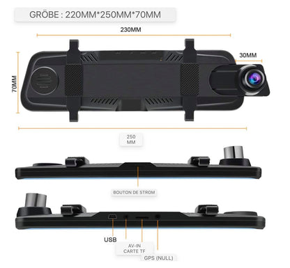 Caméra de rétroviseur AWESAFE Double écran tactile 1080P 10 pouces FHD 170° grand angle avec vision nocturne, mode stationnement, détection de mouvement, enregistrement en boucle, capteur G