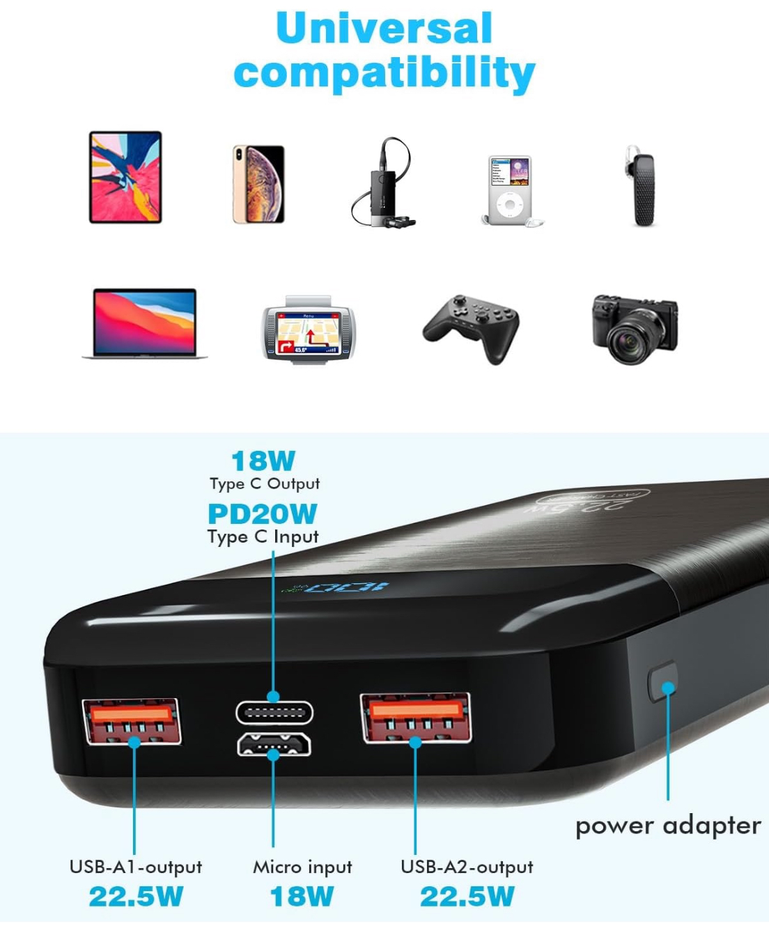Power Bank 27,000mAh Recharge Rapide Batterie Externe 3A USB C Chargeur Portable avec écran LCD, 3 Sorties et 2 entrées Compatible avec téléphone, tablettes