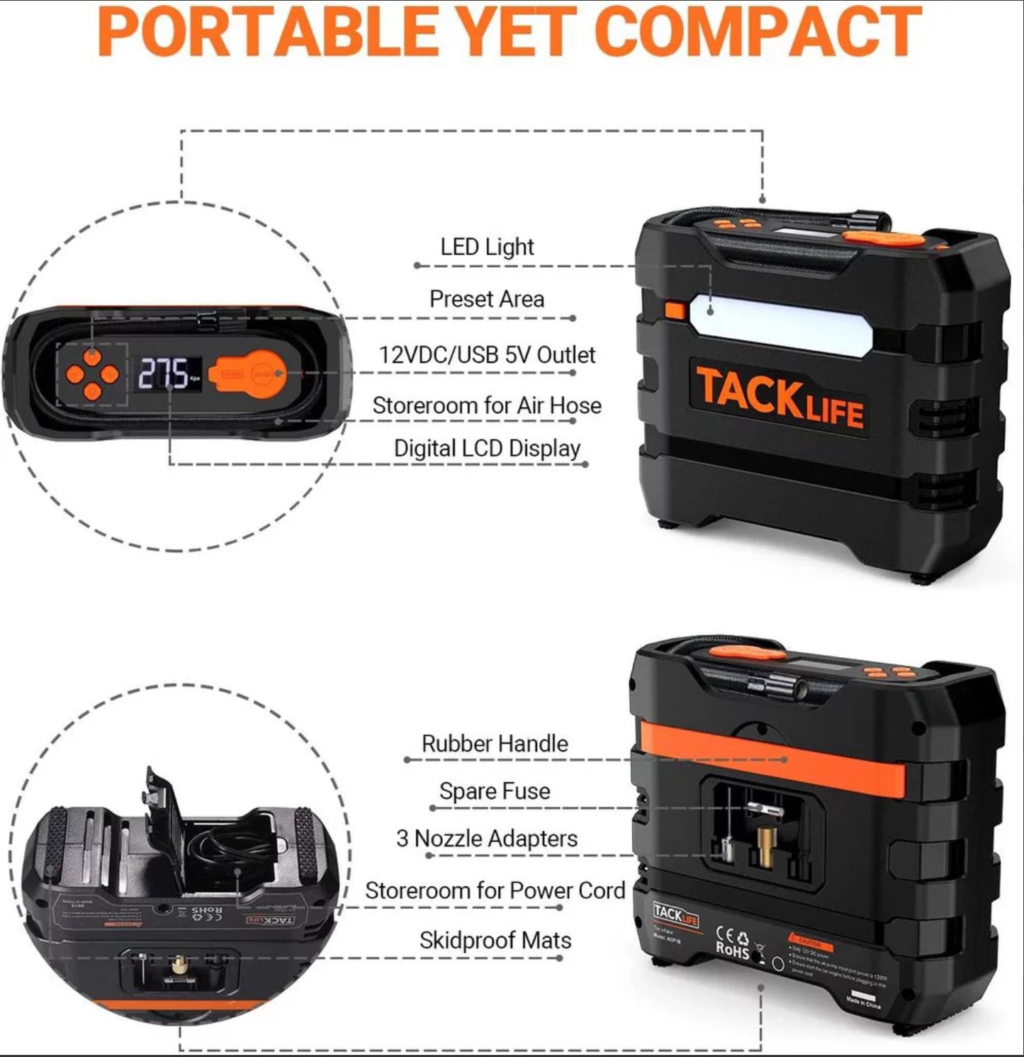TACKLIFE Pneu De Voiture Gonfleur 12V DC Portable Compresseur D'air avec 3 LED Lumières neuf