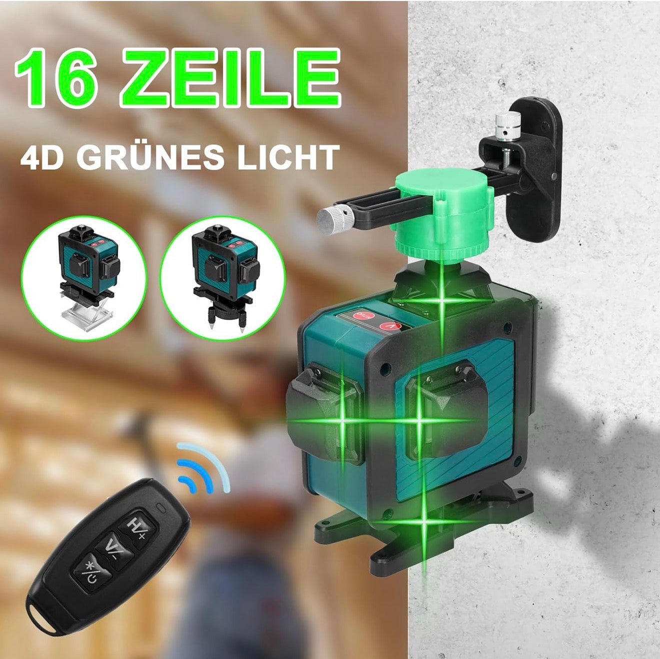 Laser lignes croisées avec trépied 4x360° 16 lignes laser lignes croisées 3 ° autonivelant avec support trépied,2 * 2400 mAh batteries et télécommande,support mural,cadre de levage