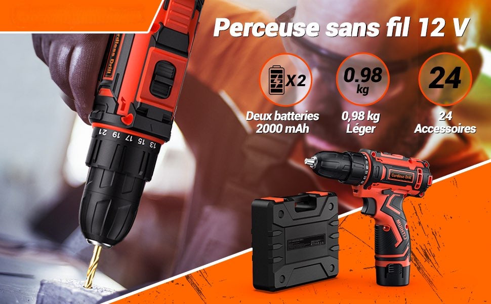 Perceuse Visseuse Devisseuse Sans Fil 12V, avec 2 Batteries et 25 Accessoires, 25Nm neuve