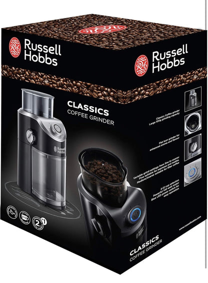 Russell Hobbs Moulin à café [électrique à meule plate] Classics (réglages variables de mouture: fine à grossière, 2 à 12 tasses, pour grains de café, noix, épices, céréales, indicateur LED) 23120-56