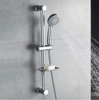 Ensemble Barre de Douche 55 CM, Douchette, Flexible, Porte-Savon, Chrome, Argent