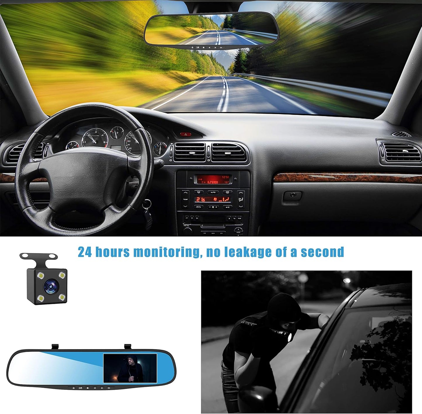 Dash cam 4.3 "1080p à Double Objectif Voiture Auto DVR Miroir Dash Cam enregistreur + Kit caméra de Vue arrière