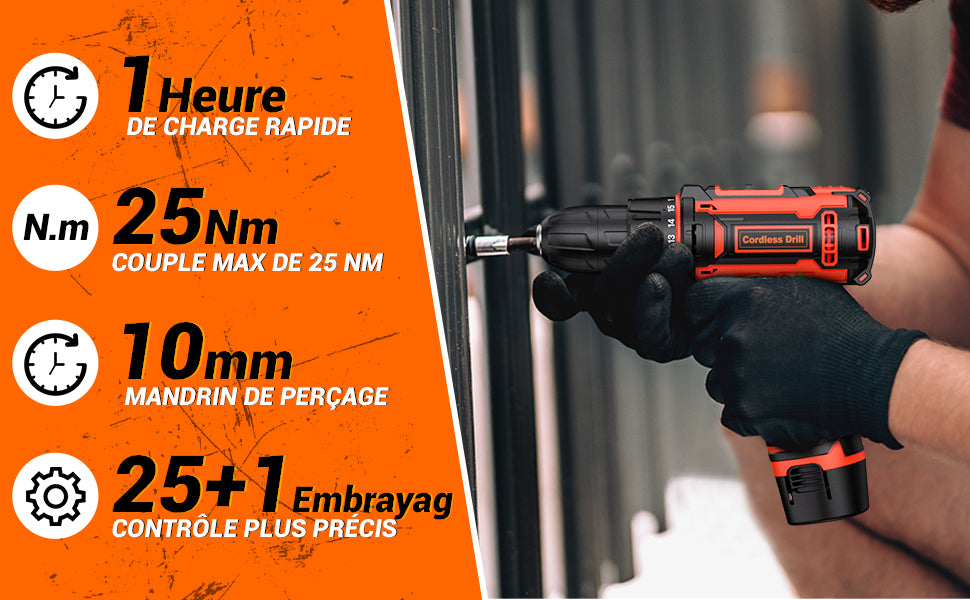 Perceuse Visseuse Devisseuse Sans Fil 12V, avec 2 Batteries et 25 Accessoires, 25Nm neuve