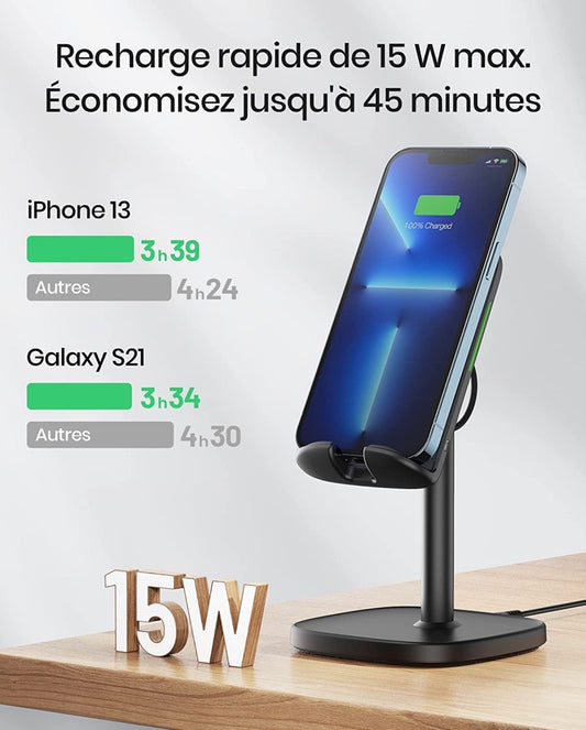 Chargeur Induction, 15W Certifié Qi Charge Rapide à Double Bobine, Lumière Adaptative Facile à Dormi