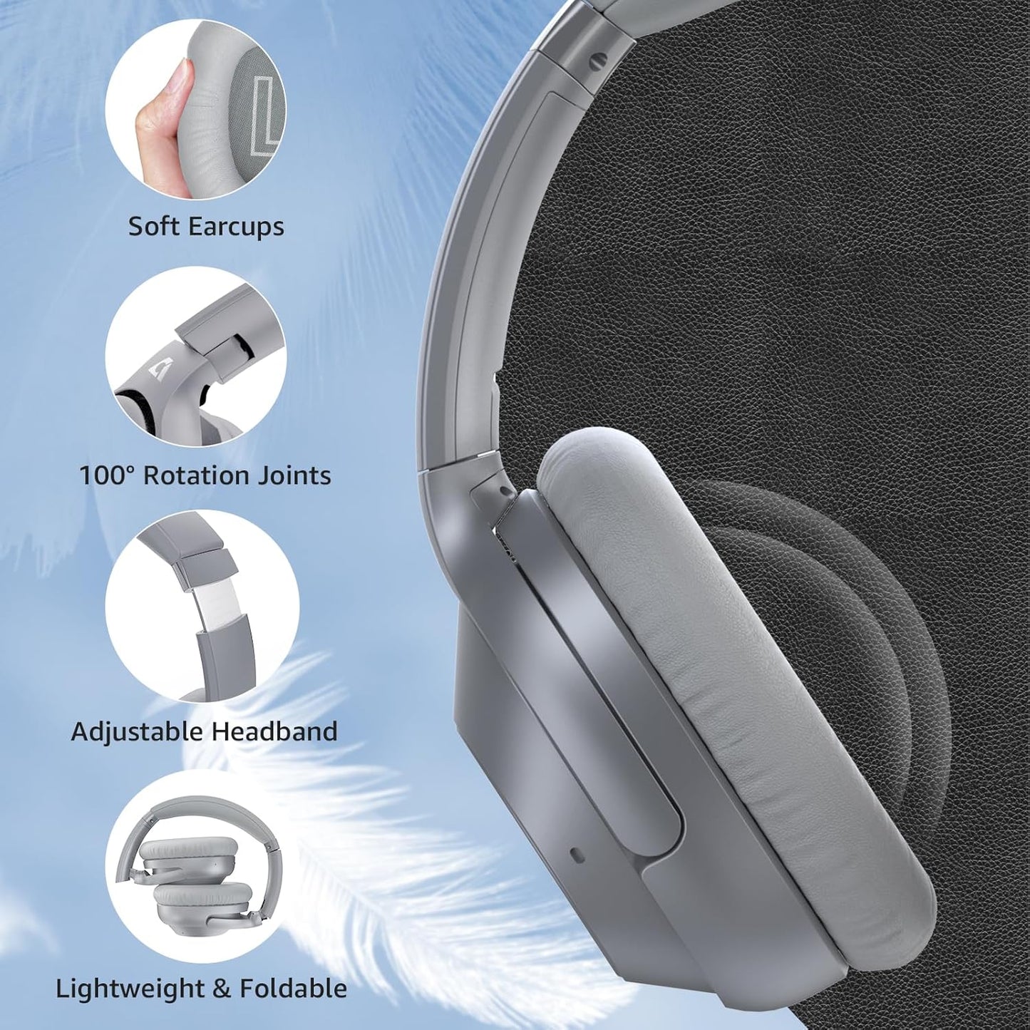 Casque Bluetooth sans Fil Reducteur de Bruit Active, Casque Anti Bruit Bluetooth 5.2, 75 Heures de Récréation, Audio Hi-Res, Confortable, Pliable, pour Voyage/Maison/Travail (Argent)