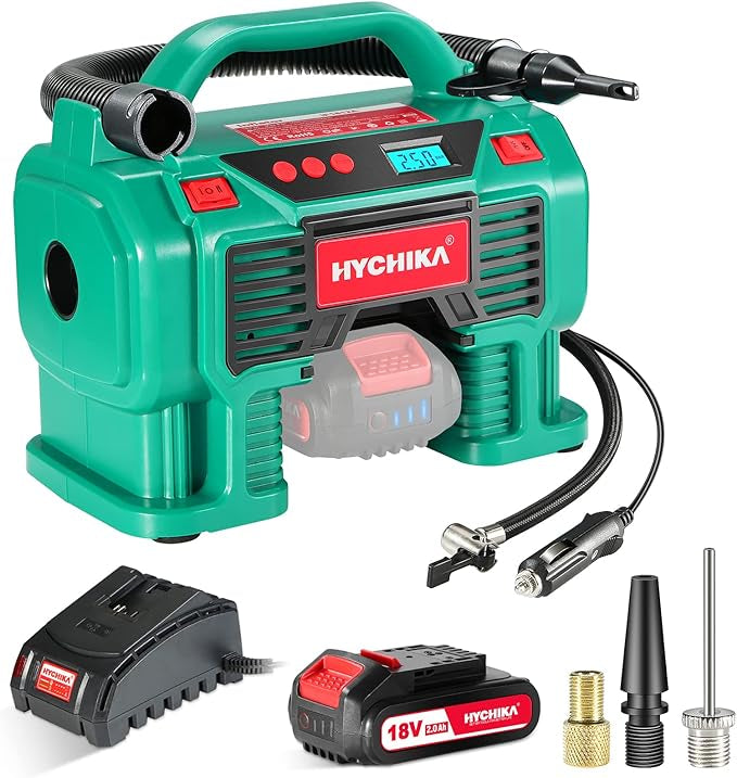 Compresseur d'air Portatif 18V HYCHIKA, Alimenté par 2A Batterie/Allume Cigare 2x2ah + chargeur neuf