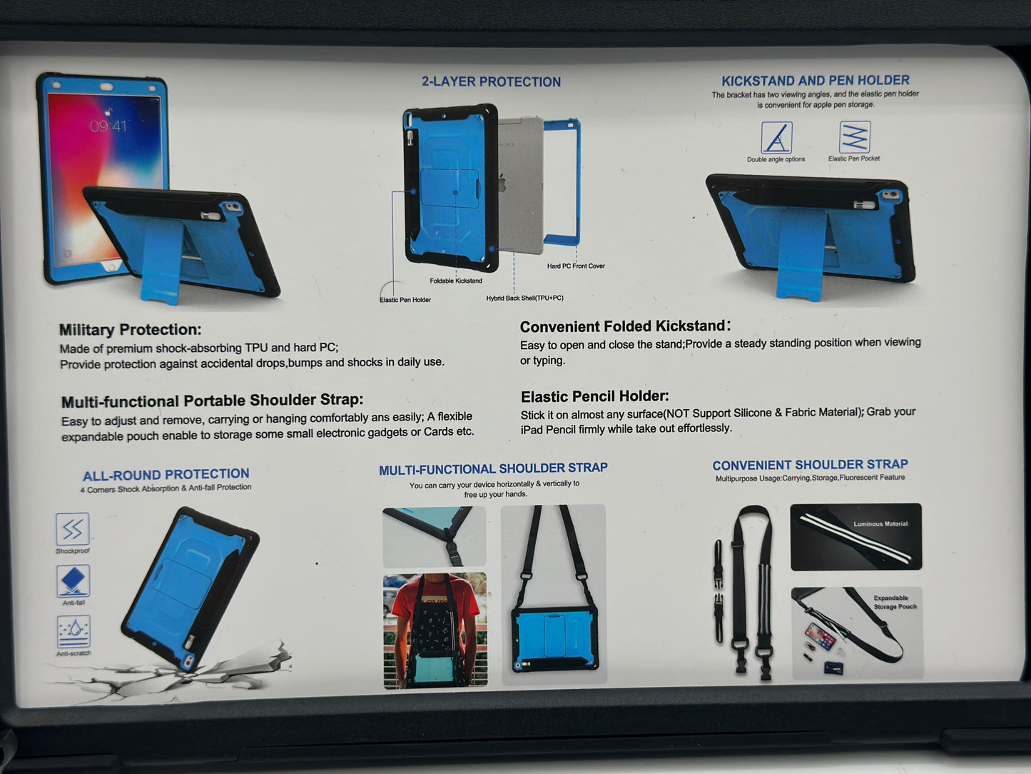 Coque Antichoc pour Samsung Galaxy Tab A 10.5" SM-T595/T590, Étui Armure Robuste avec Support Rotatif, Dragonne et Bandoulière, Protection Housse pour Galaxy Tab A T590/T595, 10.5 Pouces, Noir