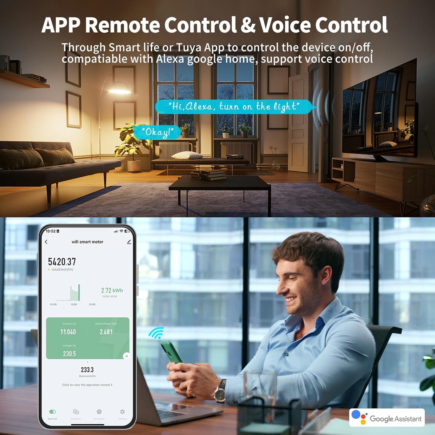 Compteur d'énergie eMylo Smart WiFi, compteur numérique monophasé DIN rails LCD, compteur de moniteur de consommation d'électricité, 60A 90-250V, support Alexa Google Assistant APP télécommande pour la maison, l'appartement