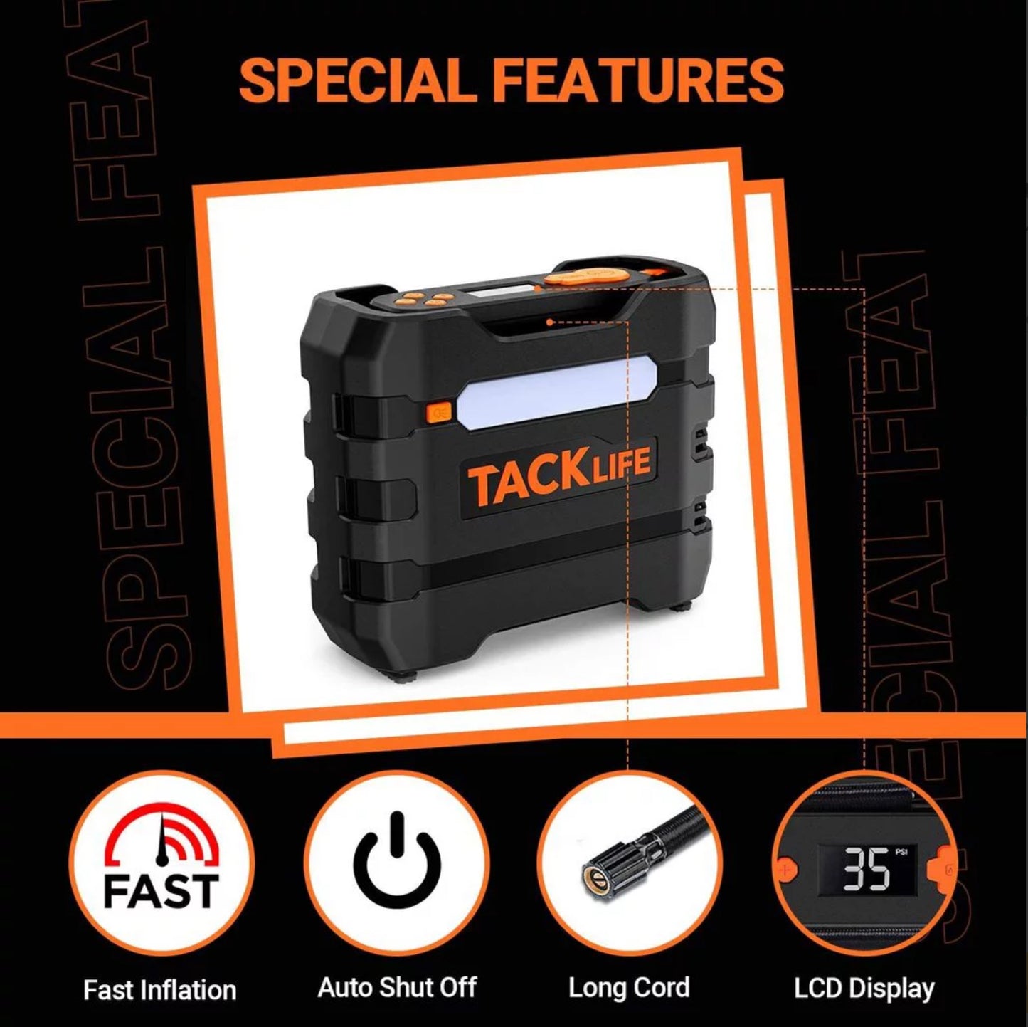 TACKLIFE Pneu De Voiture Gonfleur 12V DC Portable Compresseur D'air avec 3 LED Lumières neuf