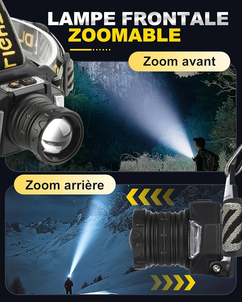 Lampe Frontale Led Ultra Puissante Rechargeable USB C avec 12 Modes d’Éclairage, Capteur & Warning Light, IPX5 Étanche, 90° Réglable Zoomable Tête Extensible pour Camping, Randonnée, Pêche et Course