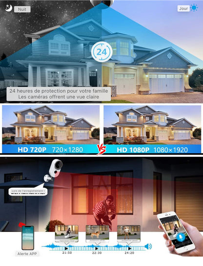Caméra de sécurité sans fil WLAN 1080P Caméra IP pour extérieur et intérieur, fonctions de détecteur de mouvement PIR et interphone, sirène d'alarme manuelle Vision nocturne étanche Caméra WiFi IP65 et accès à distance