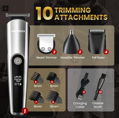 PRITECH Tondeuses à Cheveux pour Hommes, Tondeuse à Nez, Micro Rasoirs 3 en 1 Kit de Soins pour Hommes sans Fil et Rechargeable, Tondeuse à Cheveux Électrique avec Écran LED et Tête de Coupe T, IPX6