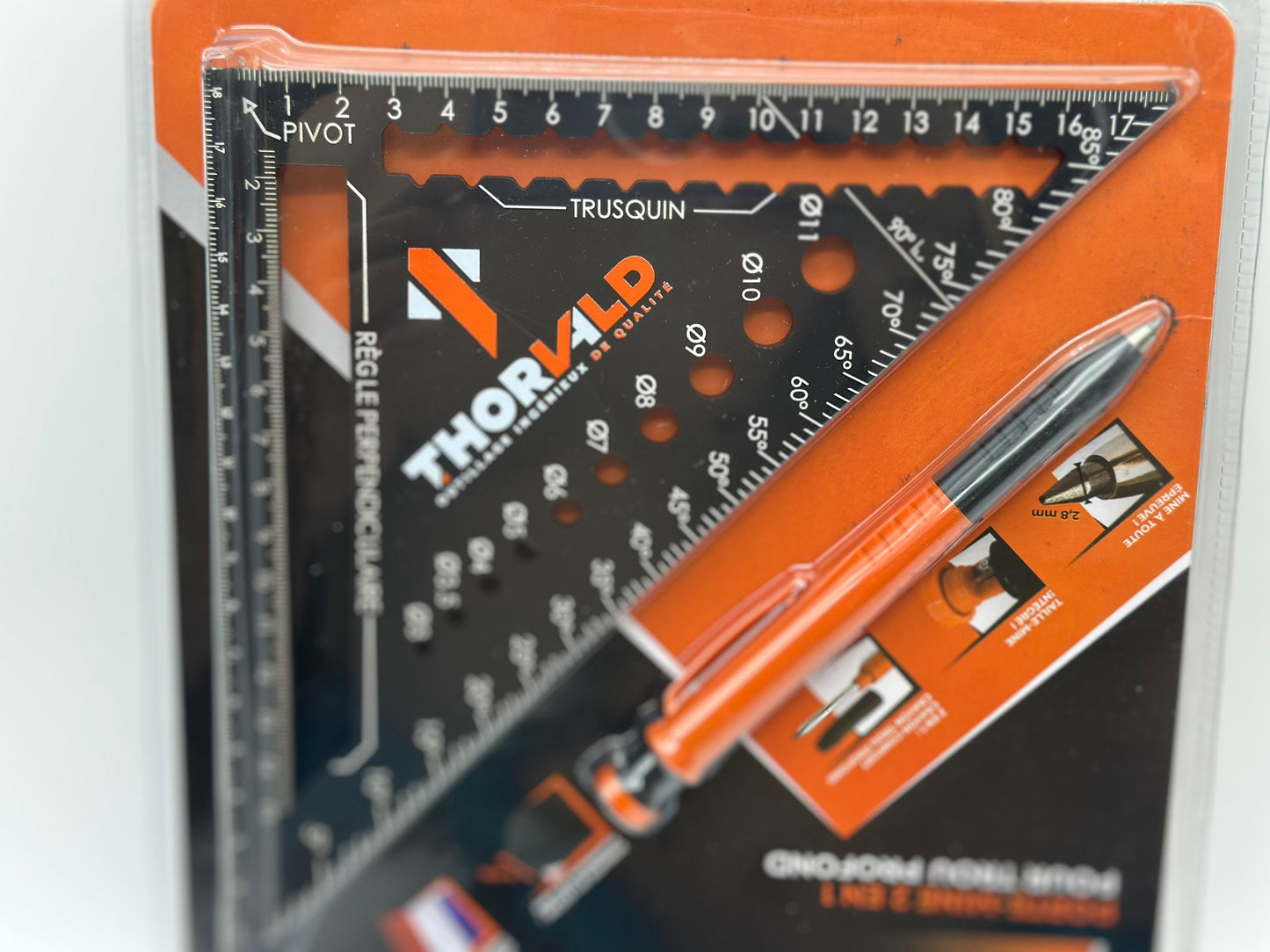 5 en 1 Equerre Menuisier 180 mm - Inclus Crayon Chantier - Multifonction : Trusquin / Raporteur / Gabarit de percage / Equerre a chapeau - Aluminium