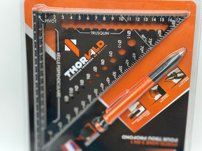 5 en 1 Equerre Menuisier 180 mm - Inclus Crayon Chantier - Multifonction : Trusquin / Raporteur / Gabarit de percage / Equerre a chapeau - Aluminium