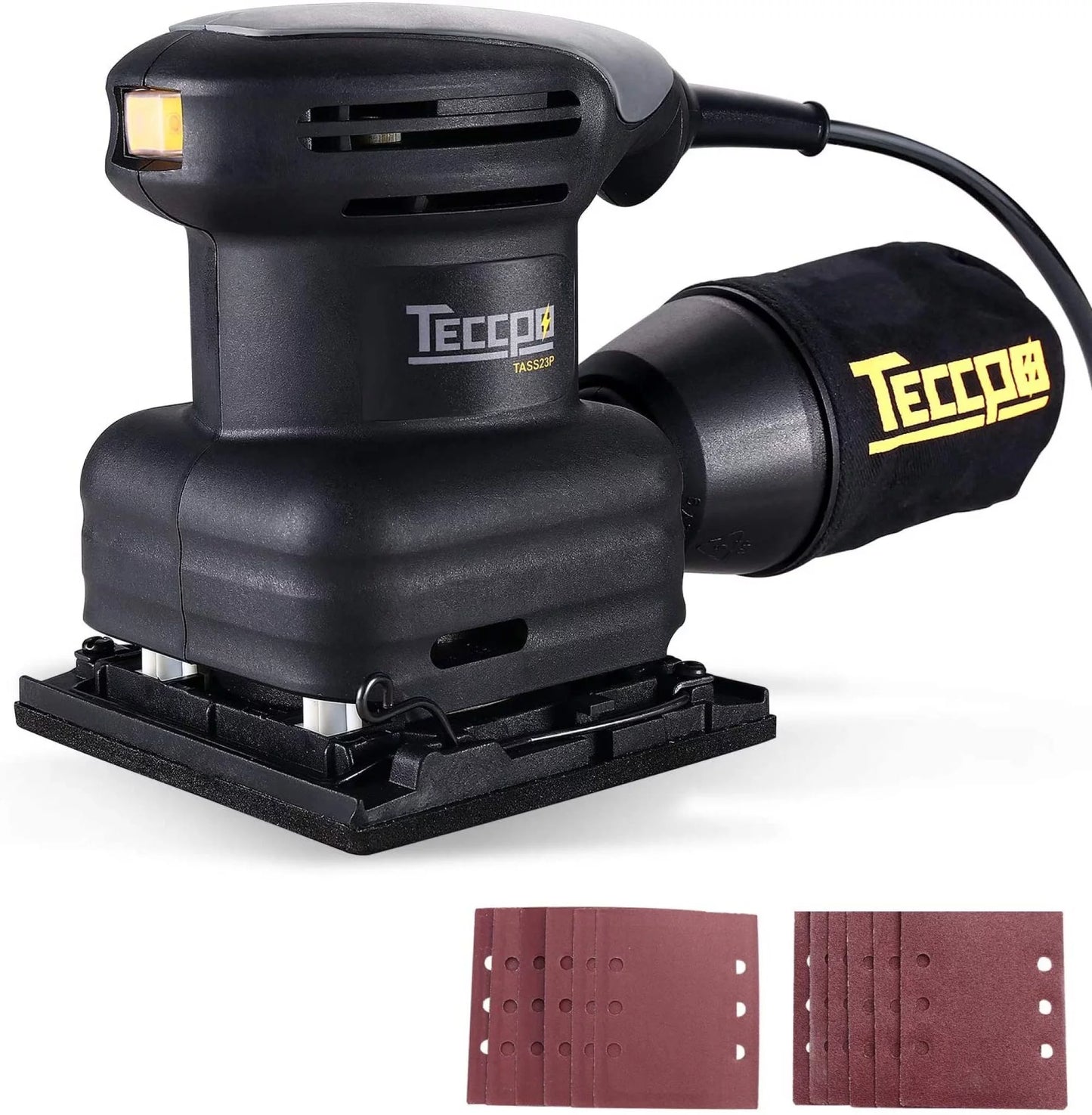 Ponceuses de Détail, TECCPO Ponceuse Vibrante 210W 14500 RPM, Moteur en Cuivre Fin, 12pcs Papiers de Verre, Surface Orbite 105x114mm, avec Sac de Poussière Recyclable