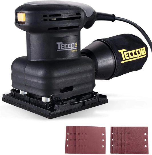 Ponceuses de Détail, TECCPO Ponceuse Vibrante 210W 14500 RPM, Moteur en Cuivre Fin, 12pcs Papiers de Verre, Surface Orbite 105x114mm, avec Sac de Poussière Recyclable