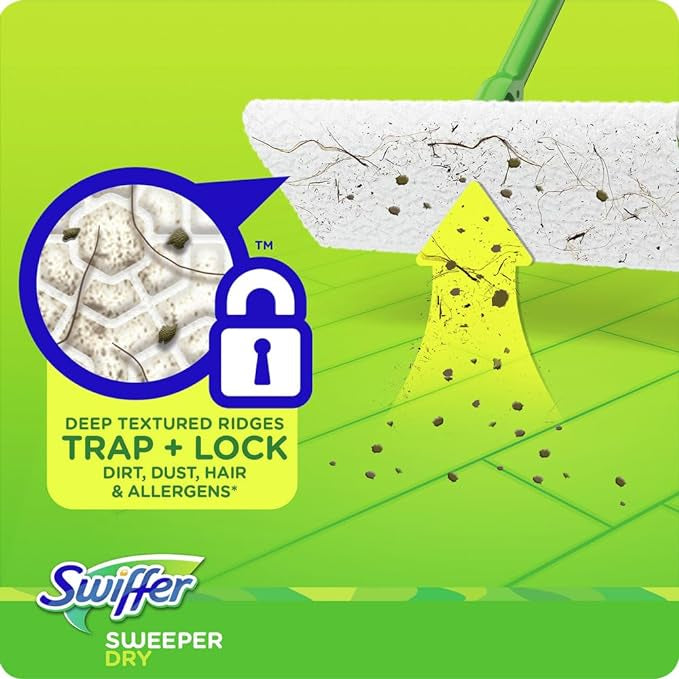 Swiffer Kit Complet Balai, 8 Lingettes Sèches + 3 Lingettes Humides, Idéal pour les Sols en Bois Neu