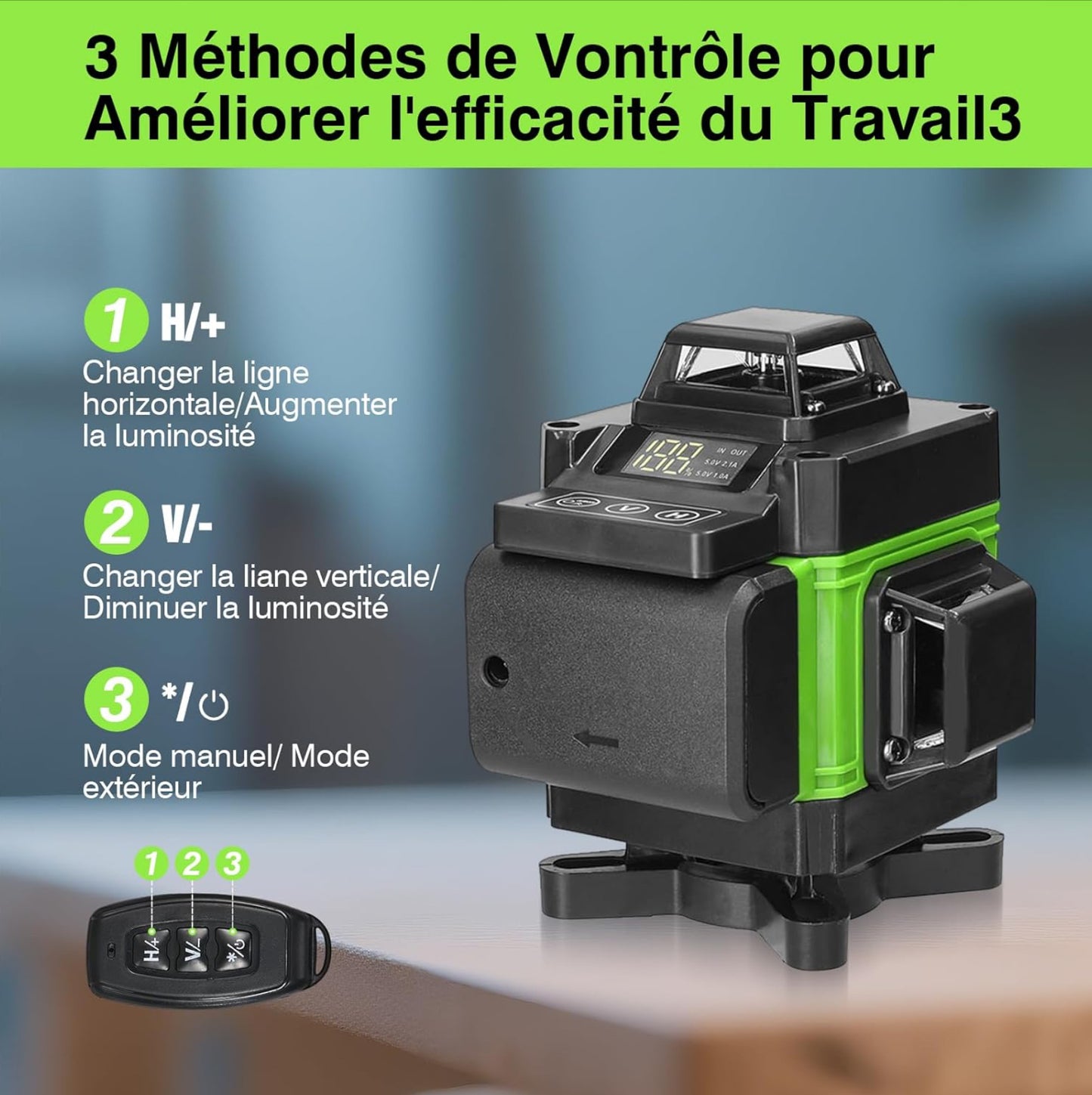 Niveau Laser 4D 16 Lignes ±3° Niveau Automatique, 2x2400 mAh Batteries Rechargeables IP54, 1.2M 3-Réglable trépied