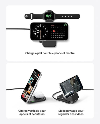 Chargeur Induction 3 en 1, 15W Qi2 Chargeur sans Fil Magnétique
Pliable, Idéal pour Voyages, Station de Charge Rapide Mag-Safe pour Apple Watch iPhone 18-12 AirPods (avec Adaptateur USB C)