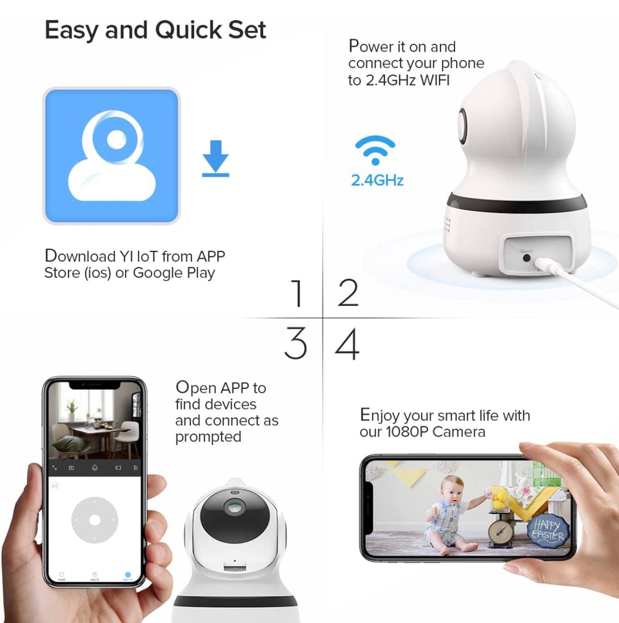 Caméra Surveillance IP WiFi 1080P FHD sans Fil 2,4 G Vision panoramique de sécurité avec détection M