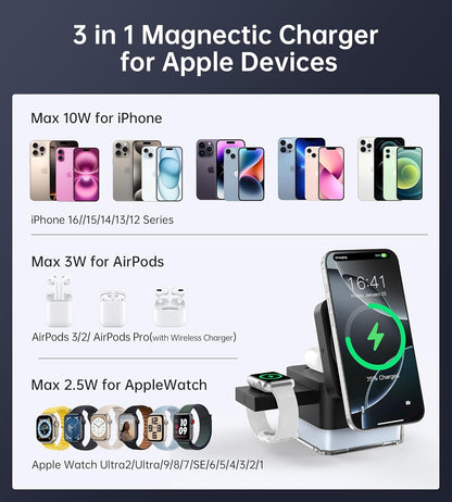 Station de charge 3 en 1 compatible avec Magsafe - Chargeur sans fil pour iPhone 16/16 Pro/16 Pro Max/15/14/13/12, AirPods 3/2/Pro