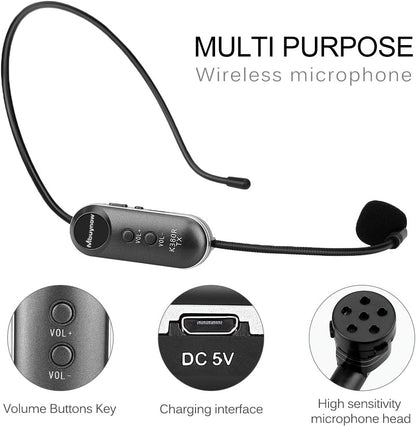 Mbuynow Microphone sans Fil UHF, Microphone Serre-Tête sans Fil 2 en 1 Rechargeable avec Récepteur pour Scène/Salle des fêtes/Conférence/Réunion/Enseignement et Autres Occasions