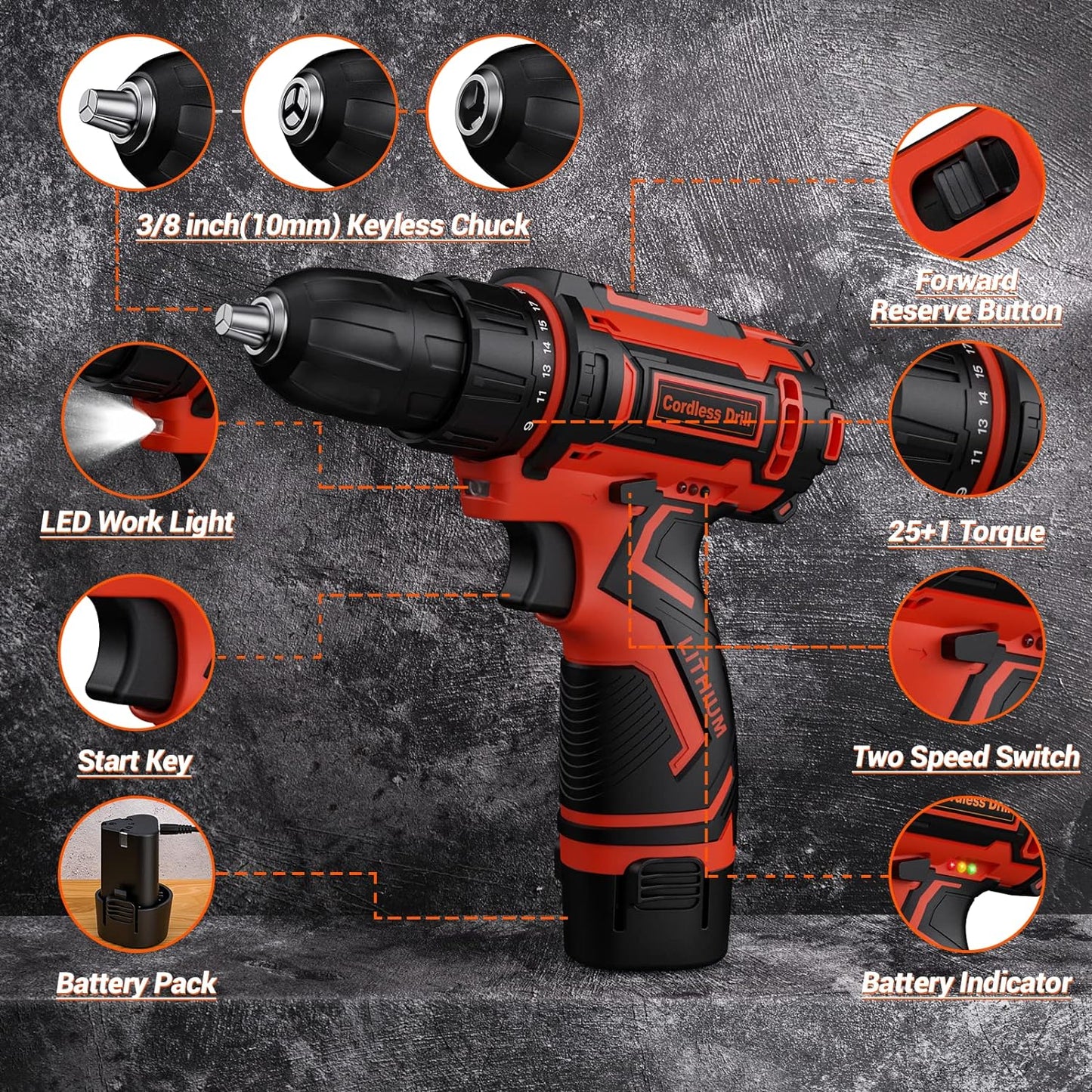 Perceuse Visseuse Devisseuse Sans Fil 12V, avec 2 Batteries et 25 Accessoires, 25Nm neuve