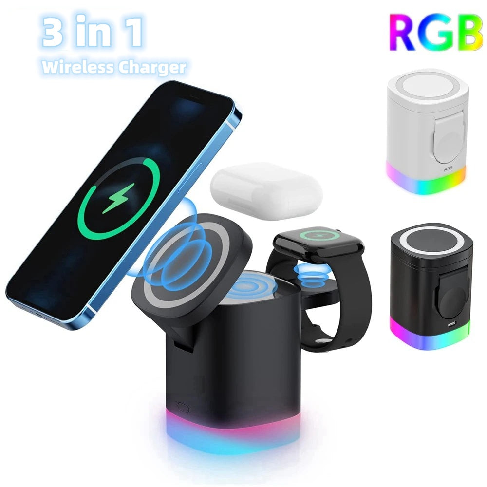 Chargeur rapide sans fil magnétique 3 en 1 pour téléphone intelligent Station de charge de lumière ambiante RVB pour Airpods IWatch