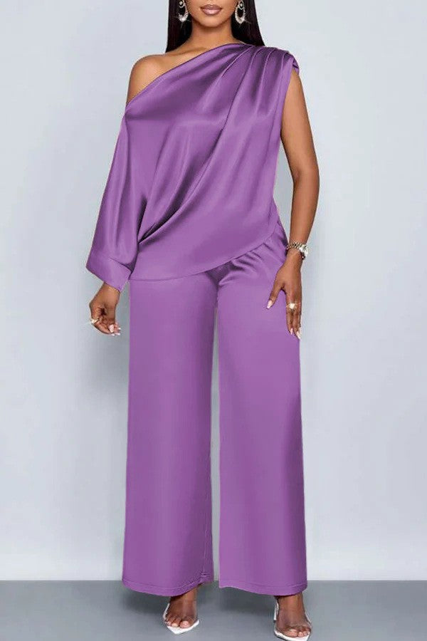 transfrontalier été décontracté Costume en satin pour femmes Col incliné Ensemble de pantalons à manches courtes