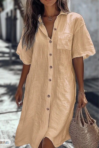 Robe Chemise "Elegance-Flow" – Coupe Ample, Col à Revers & Boutonnage Classique
Le chic minimaliste pour un été tout en confort