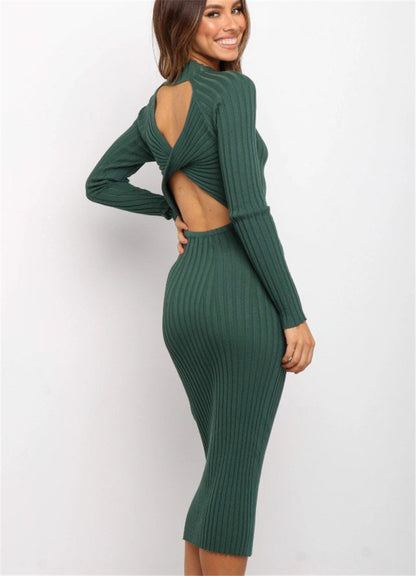 Robe "Elegance-Knot" – Robe Midi en Maille Côtelée avec Dos Nu Croisé