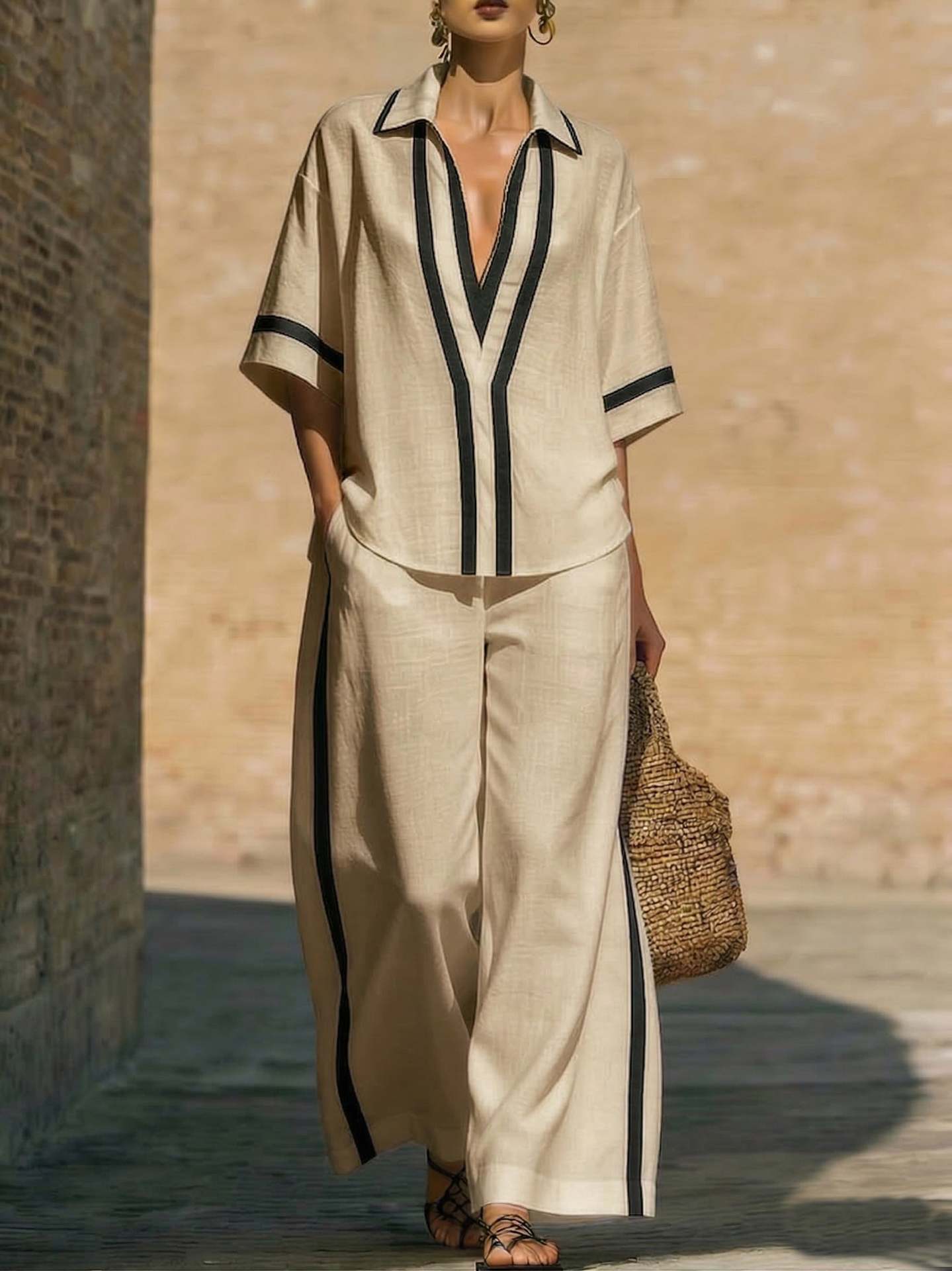 Ensemble "City-Chic" – Duo Haut Color-Block & Pantalon Palazzo à Jambes Larges