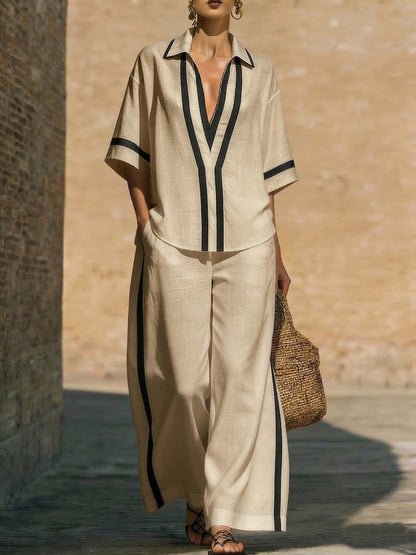 Ensemble "City-Chic" – Duo Haut Color-Block & Pantalon Palazzo à Jambes Larges