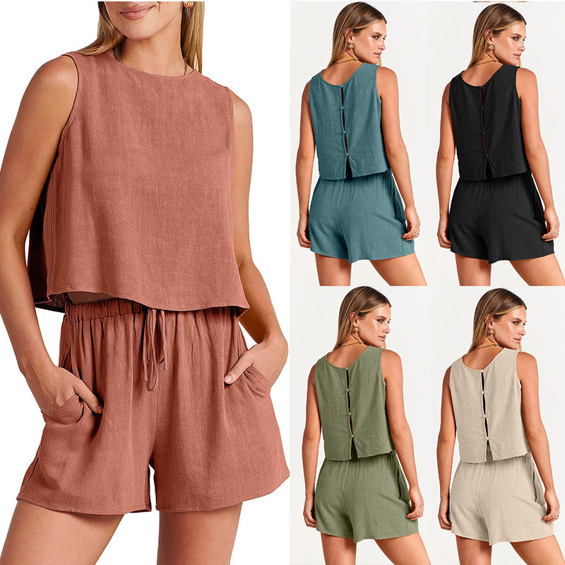 Ensemble pour femmes d'été sans manches et shorts à cordon de serrage Costume de mode 2pcs